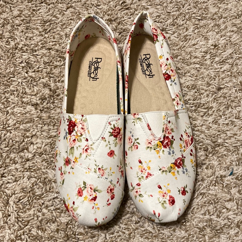 White floral slip ons